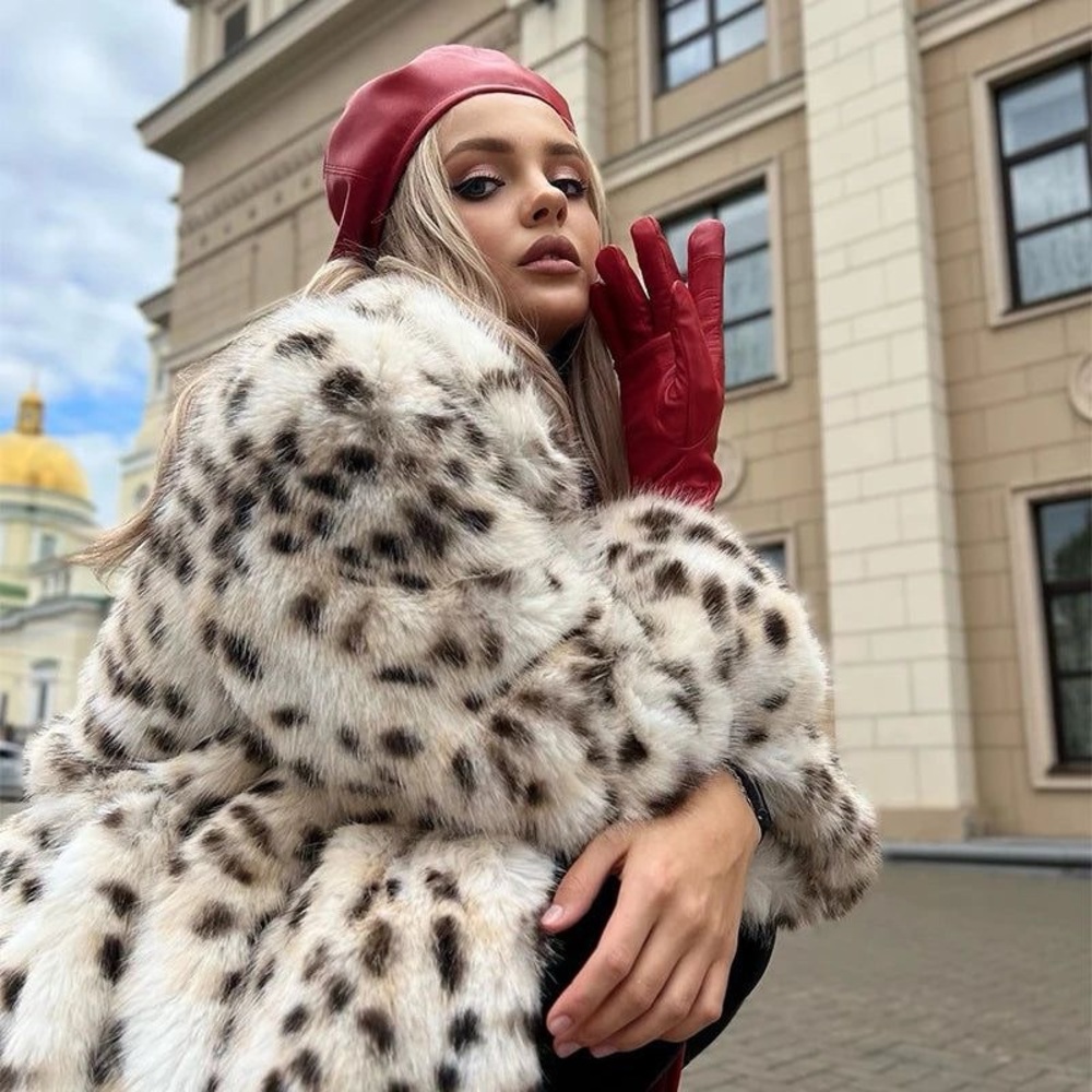 Luxury Faux Fur Coat Maxi Leopard Print Fashionable Animal Print Long Cardigan